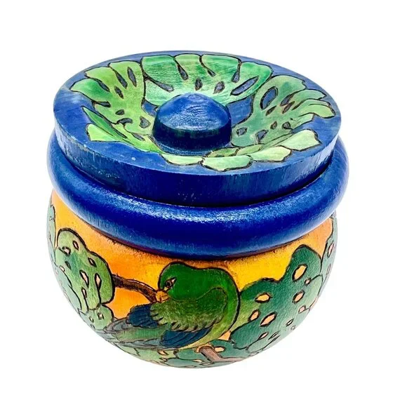 Hand-Painted Wooden Trinket Box Jar With Lid Parrot Paradise By C. Chan 2.5" H - Picture 3 of 9